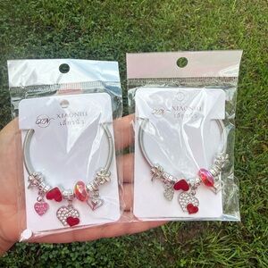 2 Silver and Red Heart Charm Bracelet